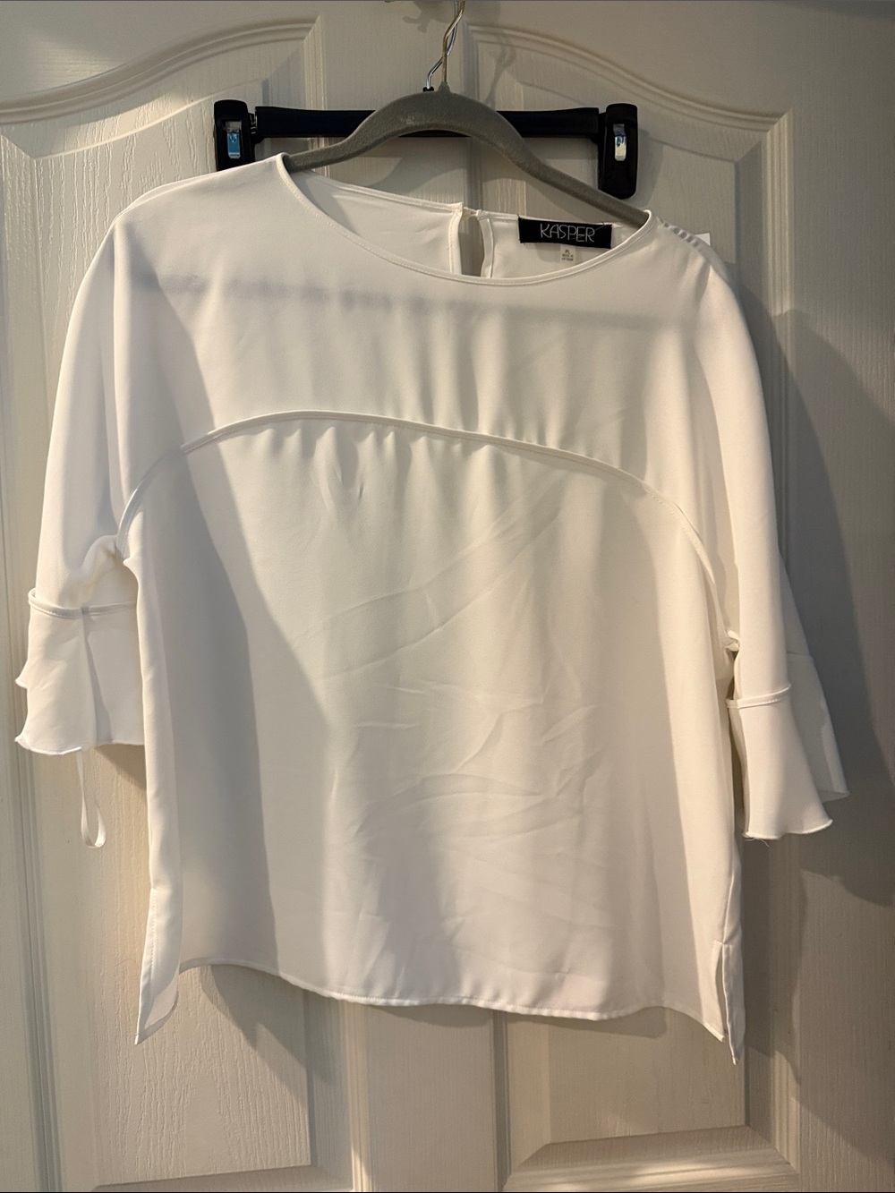 Kasper White Ruffle-Sleeve Round Neck Blouse